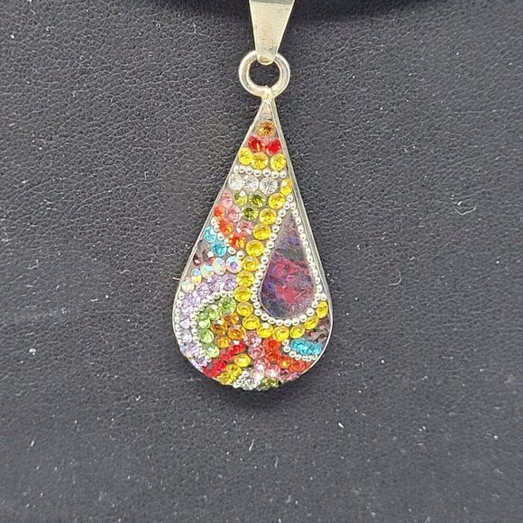 Artisan 925 Teardrop Multicolor Micro Mosaic Crystal Torque Necklace Earring Set - Picture 6 of 16